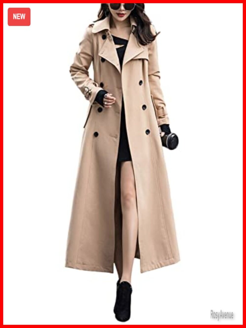 Double Breasted Maxi Long Trench Coat Belted Notch Lapel Office